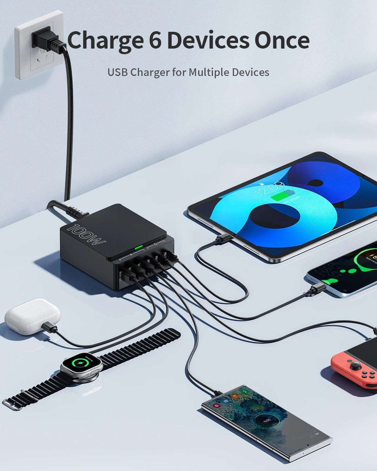 100W GaN Charging Station for Desk | 6 - Port USB C Desktop Fast Charger Hub for Multiple Devices, a high - quality from 1Nook