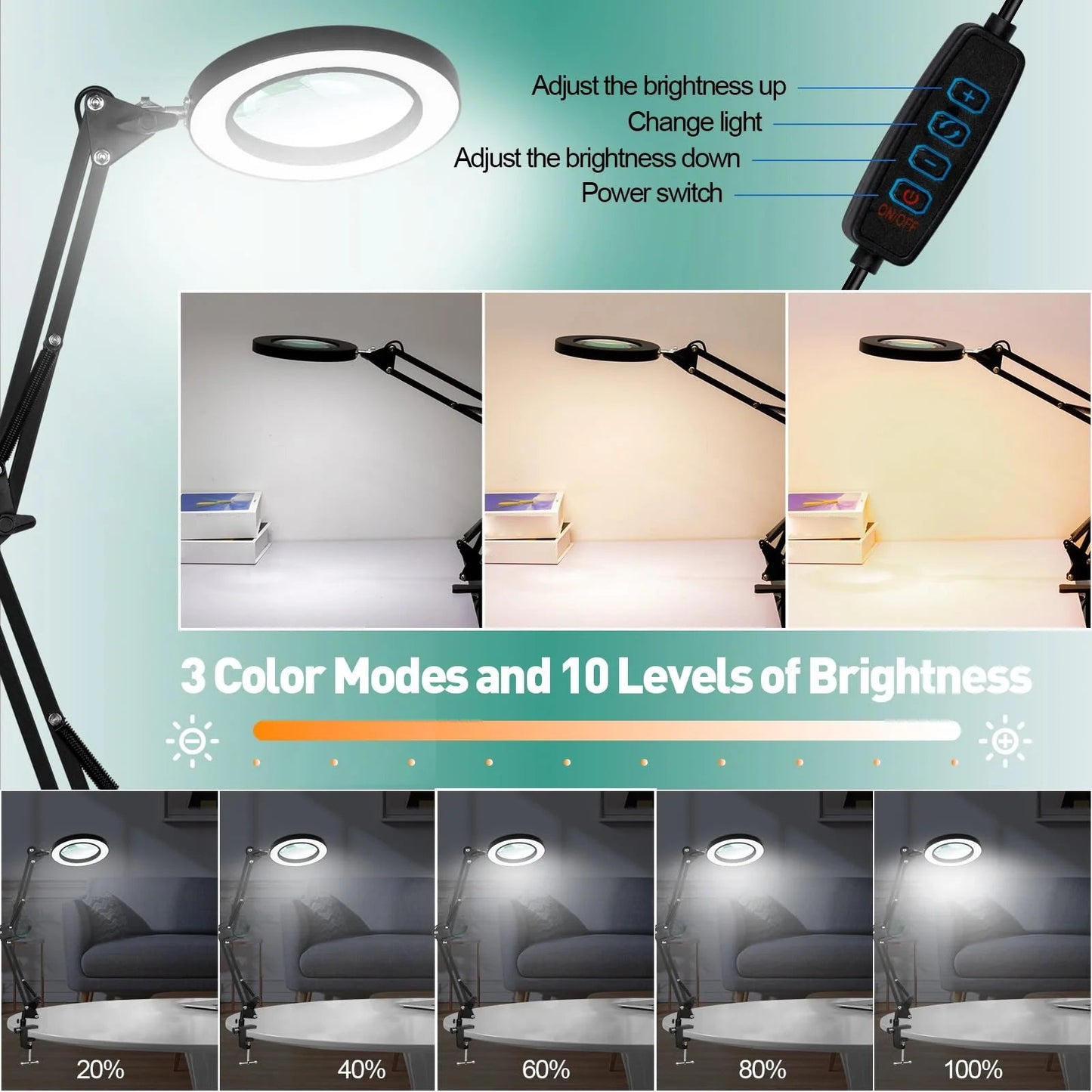 10X Magnifying Glass with Light and Stand | Stepless Dimmable 2 - in - 1 Desk & Clamp Lamp for Reading & Close Work, a high - quality from 1Nook