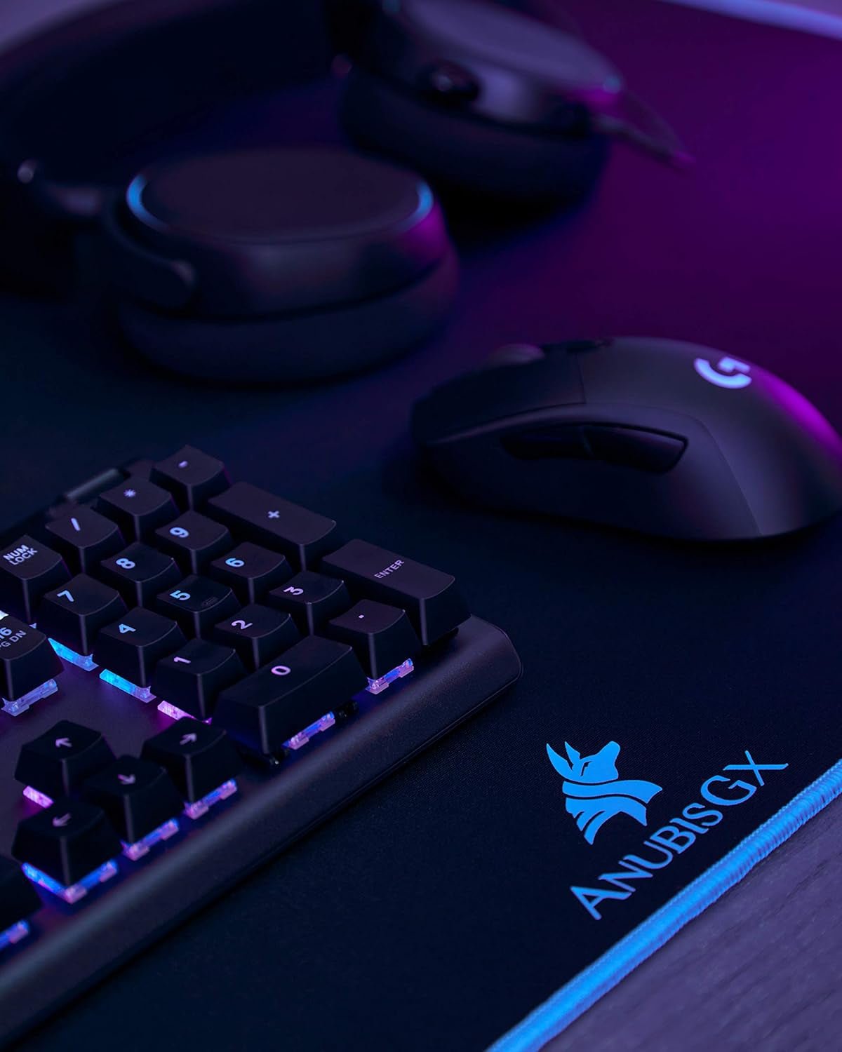 ANUBISGX Desk Mat (36x12) | Black with Light Blue Stitching, a high - quality from 1Nook