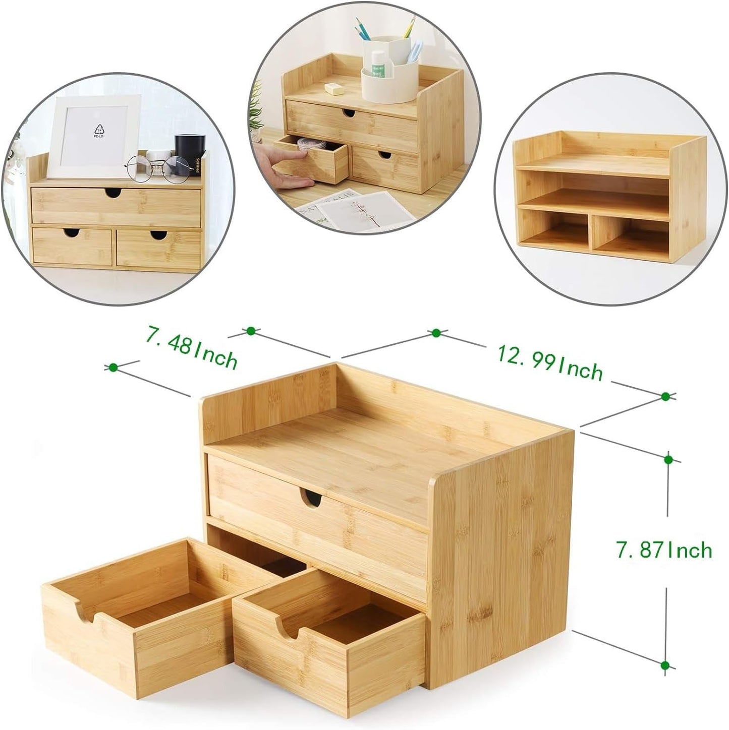 Bamboo Desk Organizer with 3 Drawers and Shelf | Wooden Desktop Storage Box for Home Office Supplies, a high - quality from 1Nook