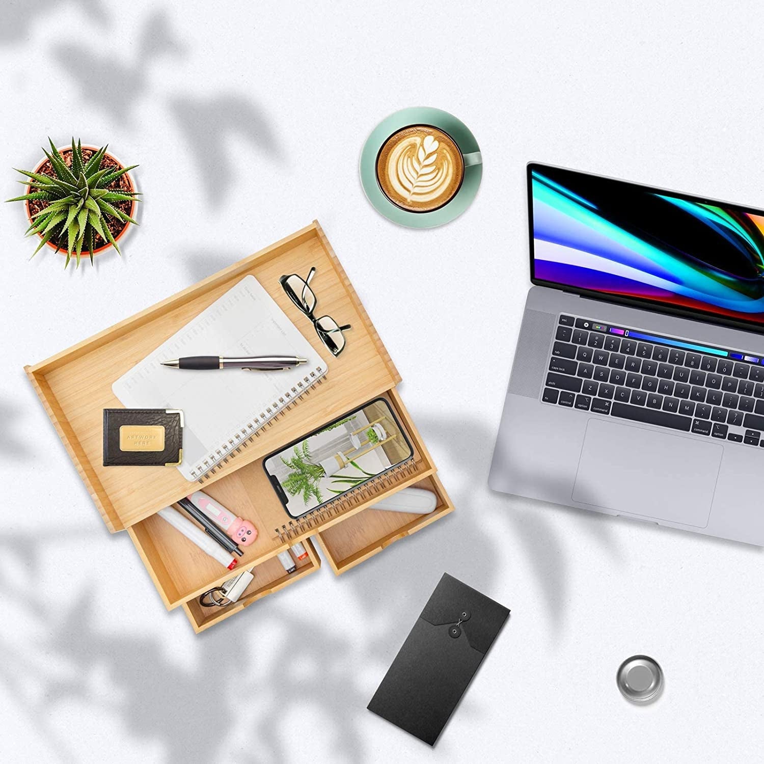 Bamboo Desk Organizer with 3 Drawers and Shelf | Wooden Desktop Storage Box for Home Office Supplies, a high - quality from 1Nook