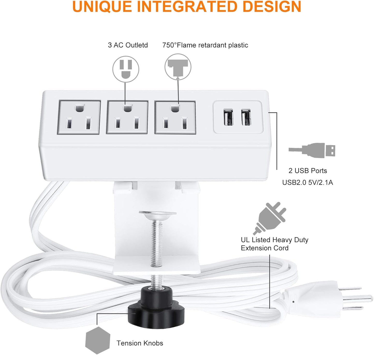 CCCEI Desk Clamp Power Strip with 3 Outlets & 2 USB Ports | Edge Mount Surge Protector with 6ft Cord (1200J), a high - quality from 1Nook