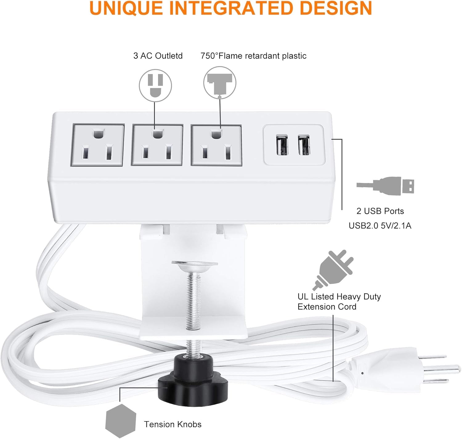 CCCEI Desk Clamp Power Strip with 3 Outlets & 2 USB Ports | Edge Mount Surge Protector with 6ft Cord (1200J), a high - quality from 1Nook