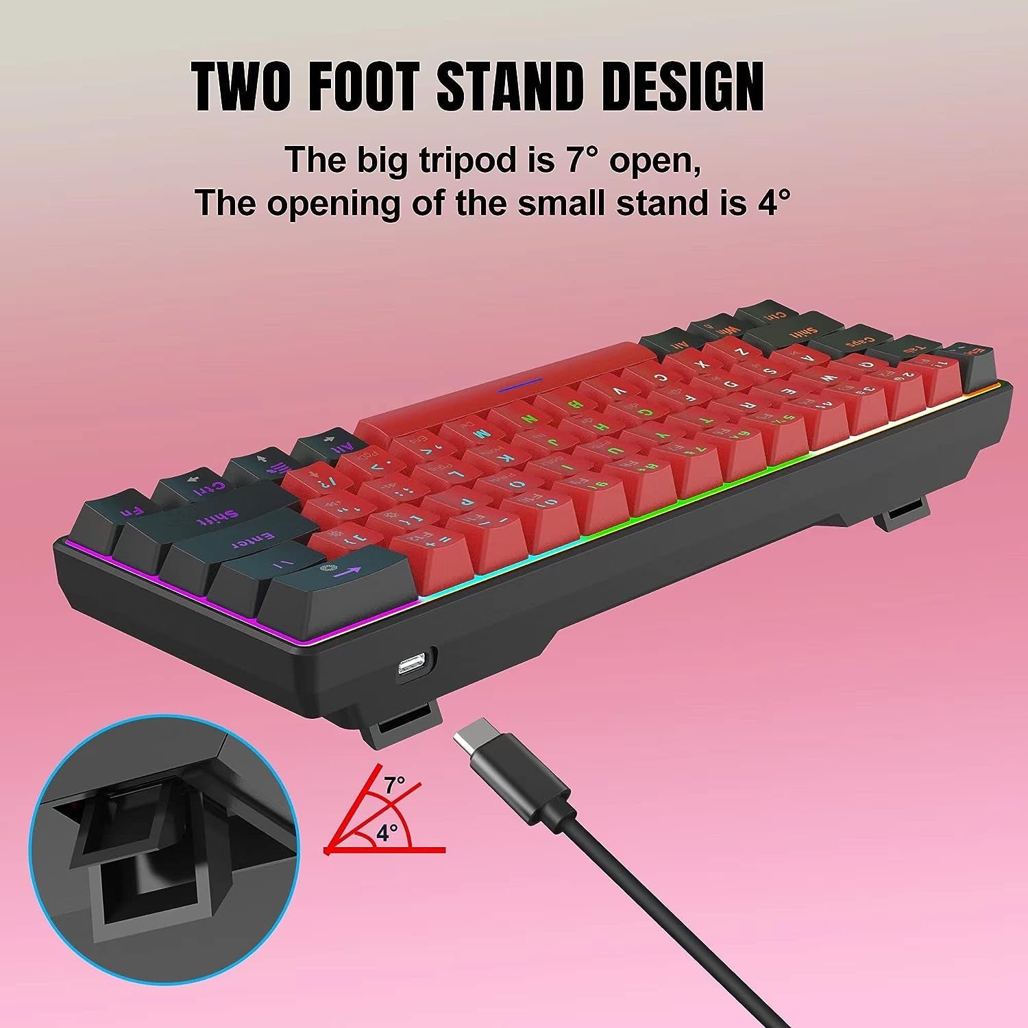 Compact Mechanical Keyboard | Mini Gaming Keyboard with 61 Keys for PC (Black - Red, Red Switches), a high - quality from 1Nook