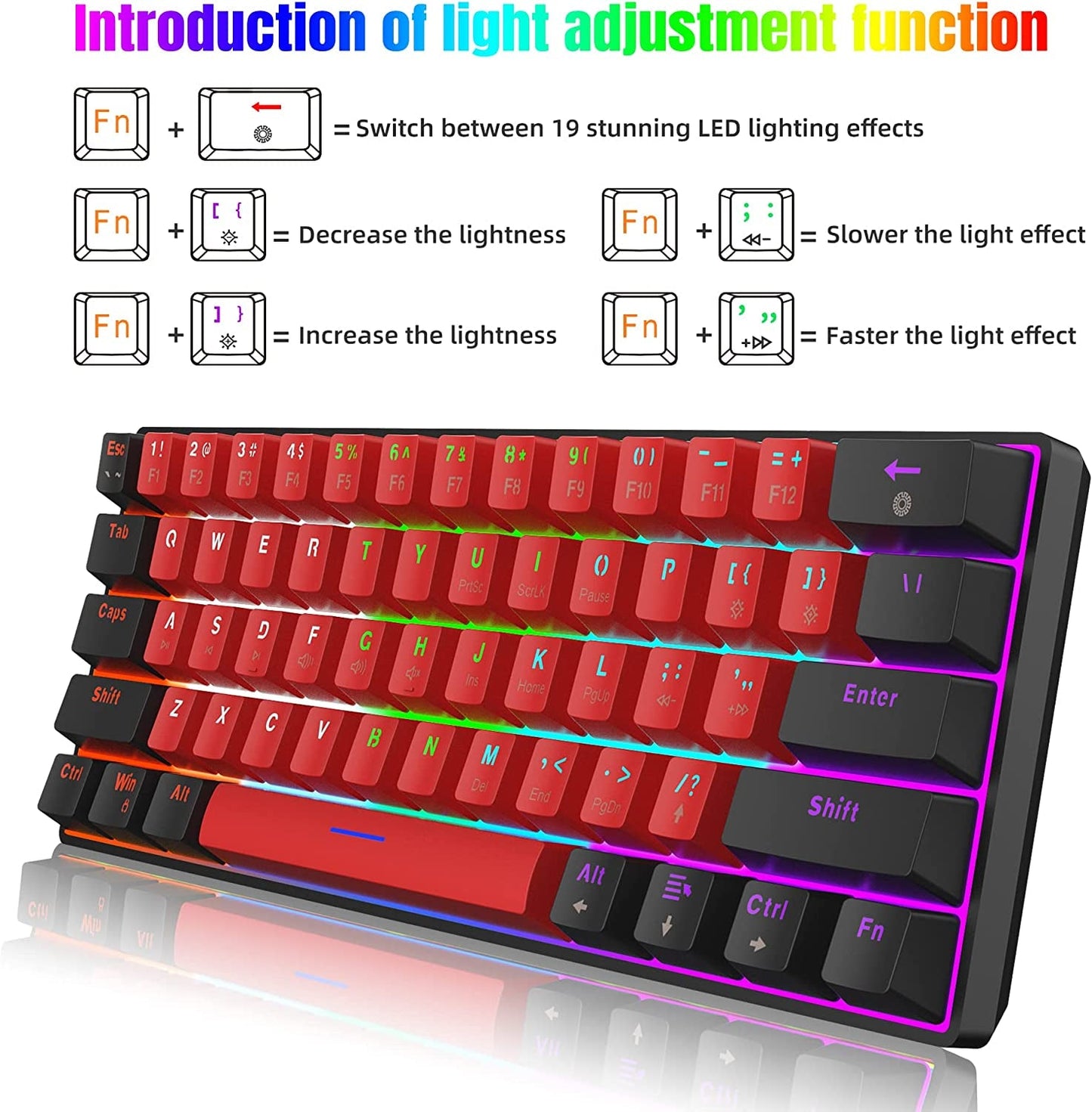 Compact Mechanical Keyboard | Mini Gaming Keyboard with 61 Keys for PC (Black - Red, Red Switches), a high - quality from 1Nook