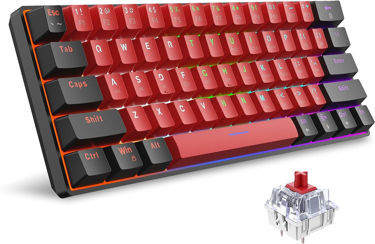 Compact Mechanical Keyboard | Mini Gaming Keyboard with 61 Keys for PC (Black - Red, Red Switches), a high - quality from 1Nook