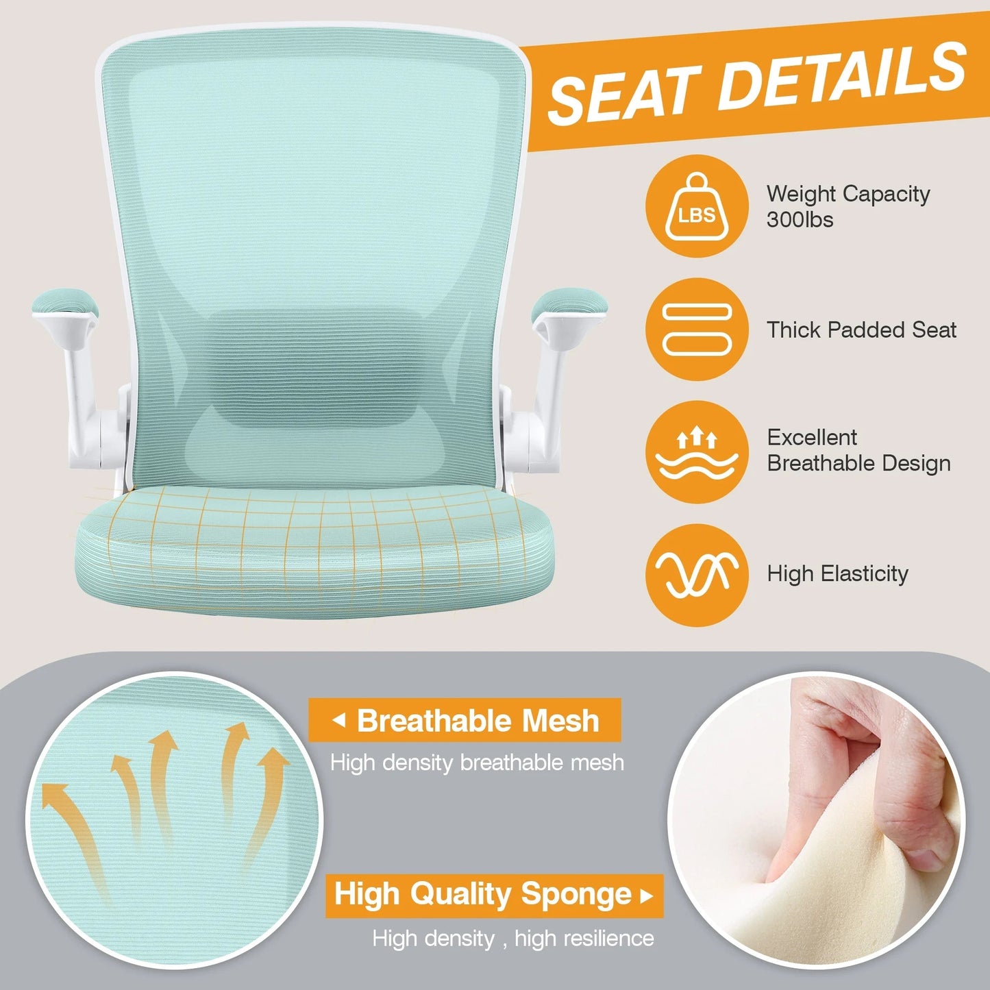 COOLHUT Ergonomic Office Chair with Lumbar Support | Breathable Mesh Desk Chair with Flip - Up Arms (Light Blue), a high - quality from 1Nook