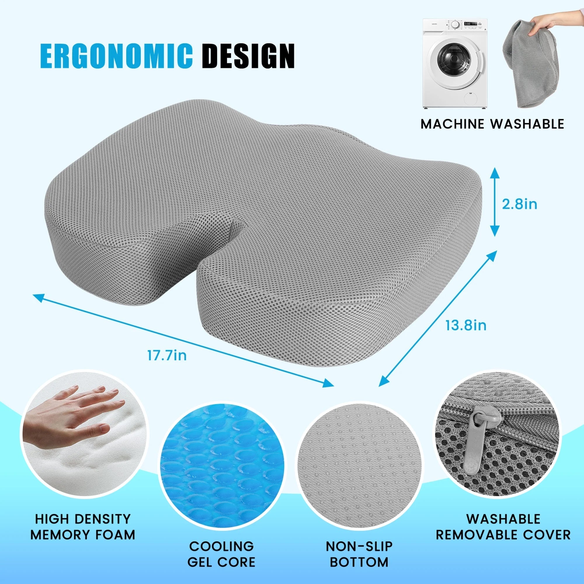 Cooling Gel Seat Cushion for Office Chair | Ergonomic Memory Foam for Coccyx & Tailbone Pain Relief (Gray), a high - quality from 1Nook