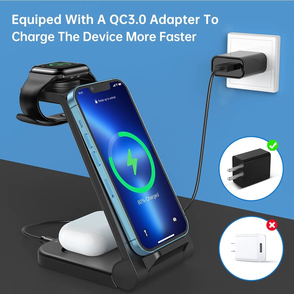 Foldable 3 - in - 1 Wireless Charging Station | Fast Charger Stand for iPhone, Apple Watch & AirPods (18W Adapter Included), a high - quality from 1Nook