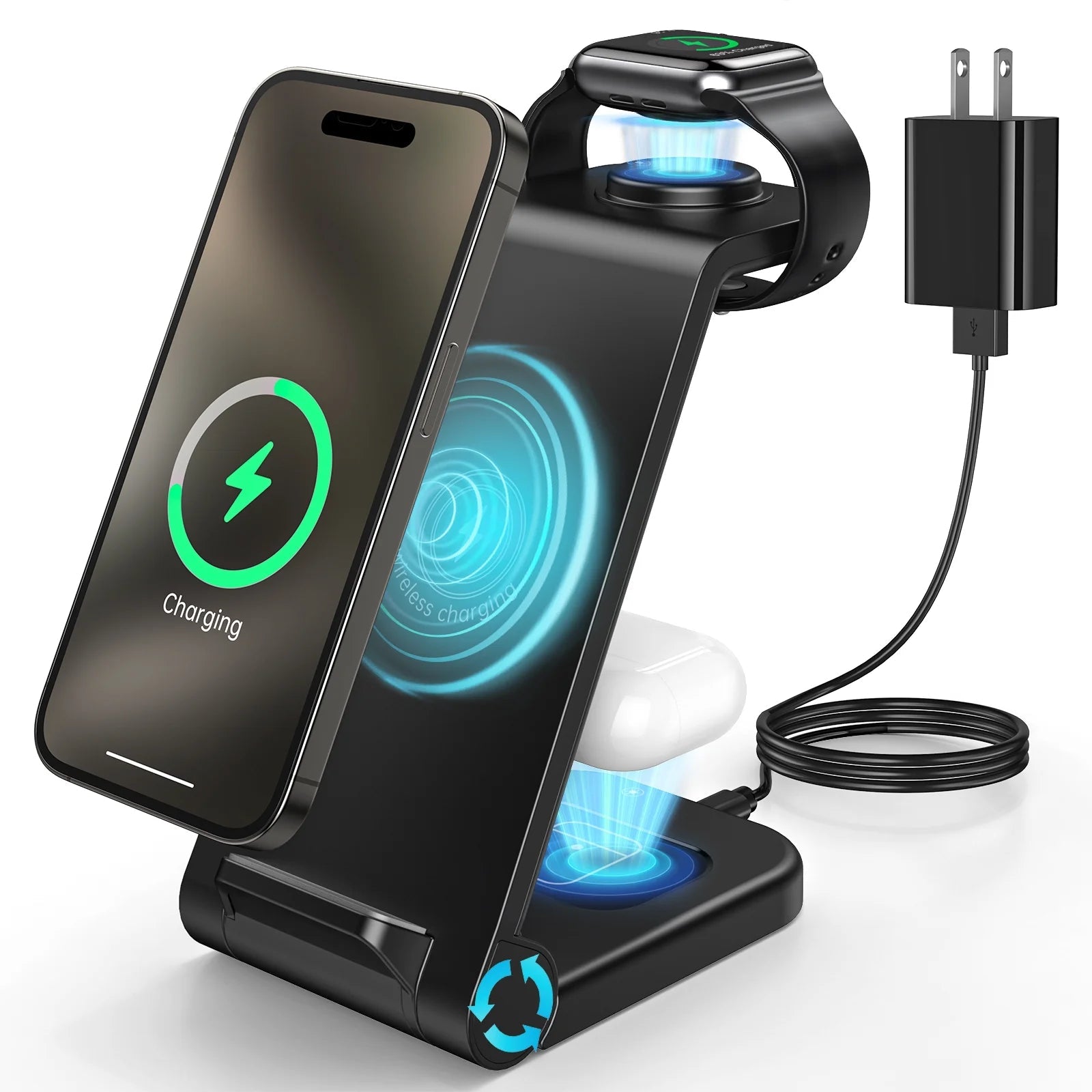 Foldable 3 - in - 1 Wireless Charging Station | Fast Charger Stand for iPhone, Apple Watch & AirPods (18W Adapter Included), a high - quality from 1Nook