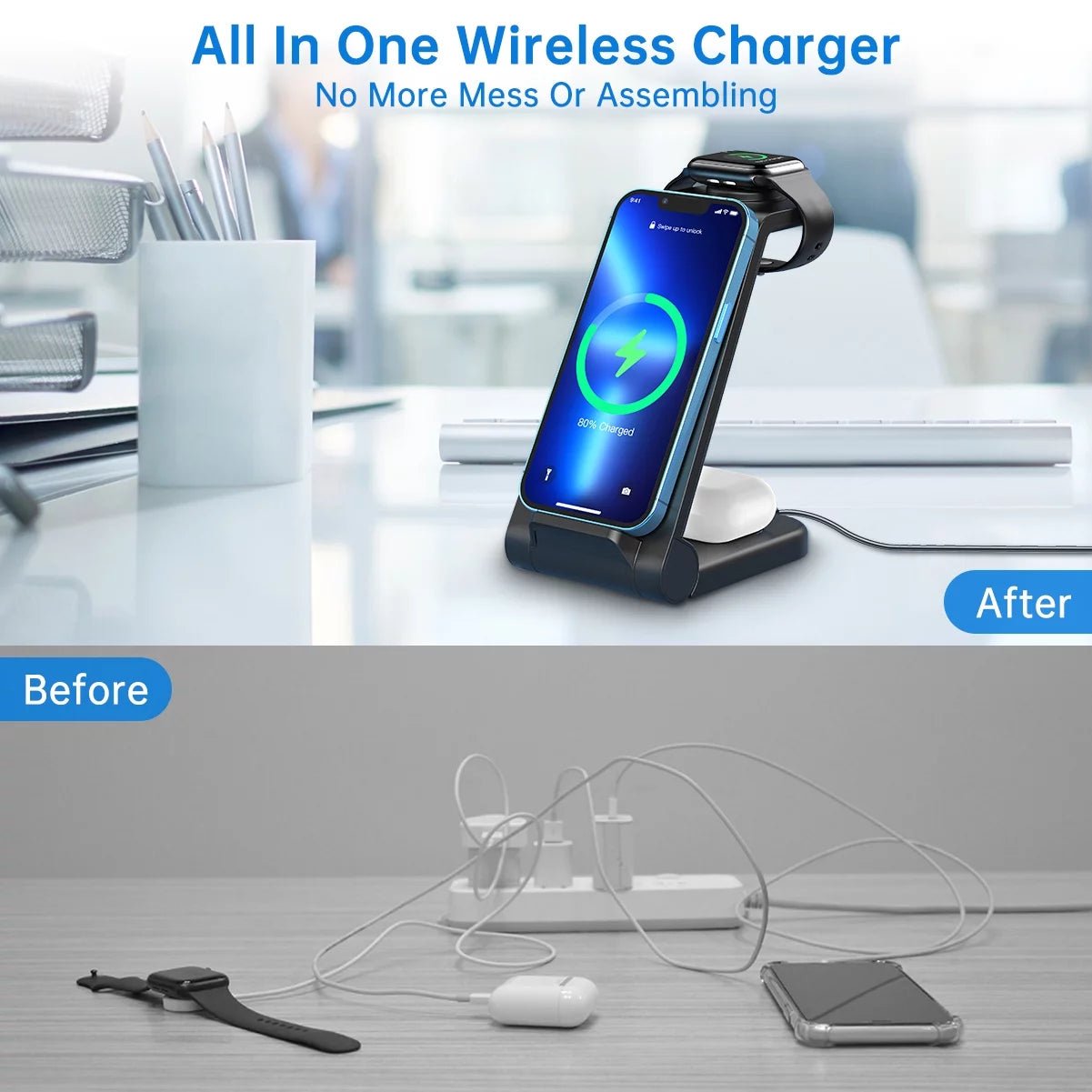 Foldable 3 - in - 1 Wireless Charging Station | Fast Charger Stand for iPhone, Apple Watch & AirPods (18W Adapter Included), a high - quality from 1Nook