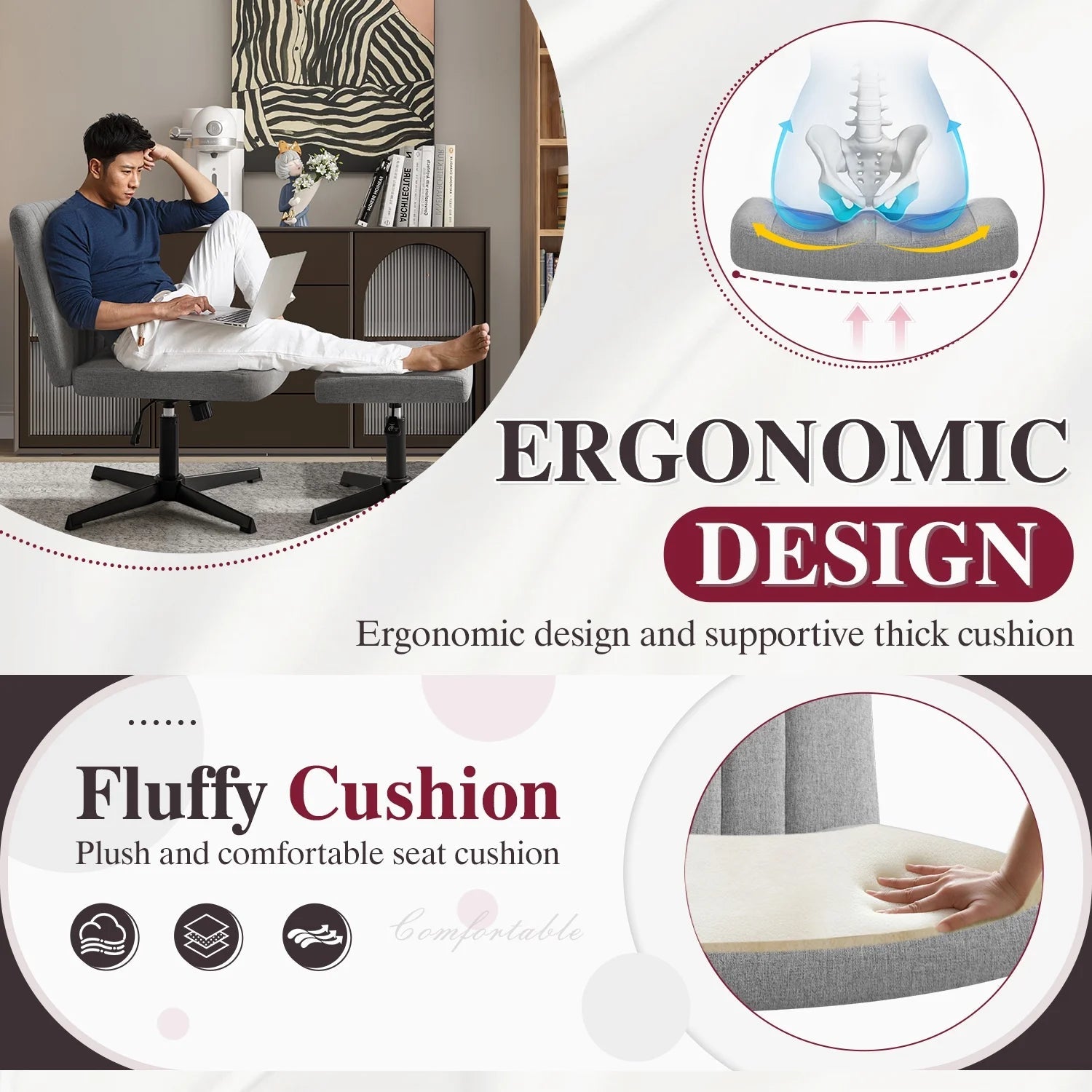 Homall Armless Office Chair with Matching Footrest | Swivel Vanity & Desk Chair (No Wheels) - Gray, a high - quality from 1Nook