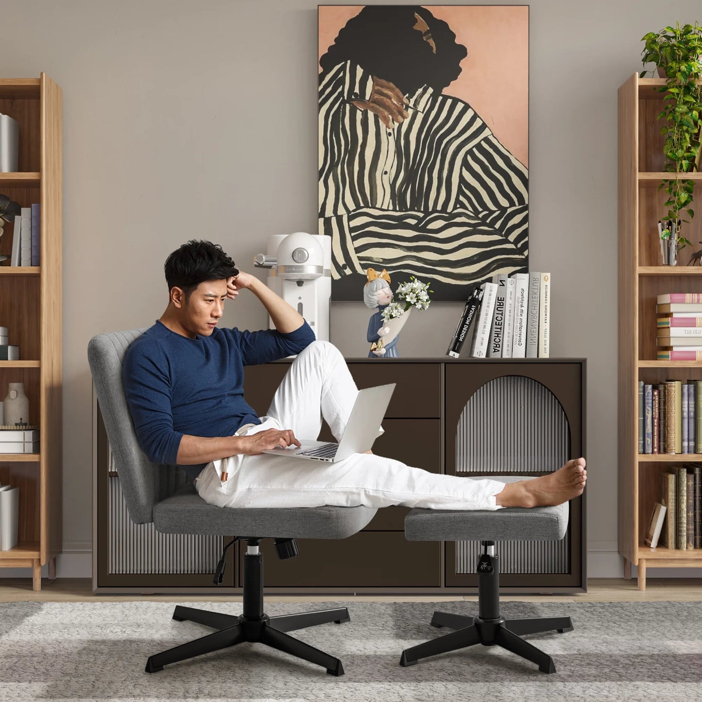 Homall Armless Office Chair with Matching Footrest | Swivel Vanity & Desk Chair (No Wheels) - Gray, a high - quality from 1Nook