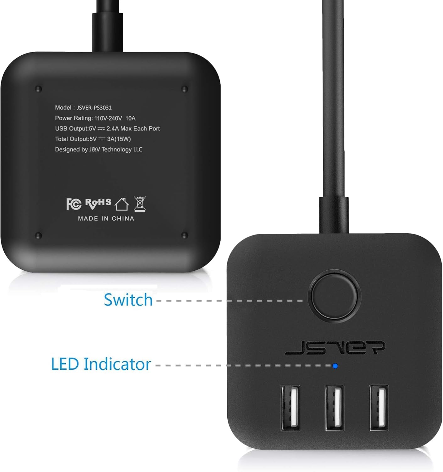 JSVER Power Strip Cube with 3 USB Ports & 3 Outlets | 5ft Extension Cord for Travel, Office & Cruise Ship Essentials, a high - quality from 1Nook