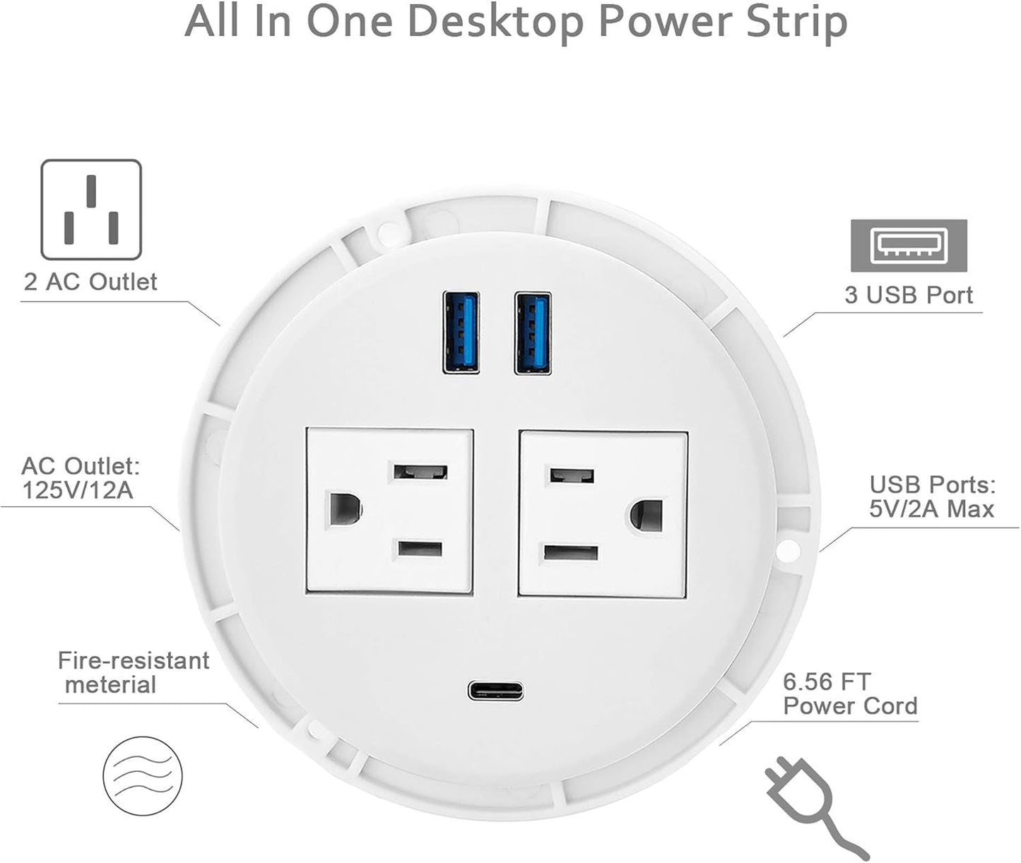 KungFuKing Recessed Power Grommet with USB C | Flush Mount In - Desk Outlet with 2 AC & 3 USB Ports, a high - quality from 1Nook