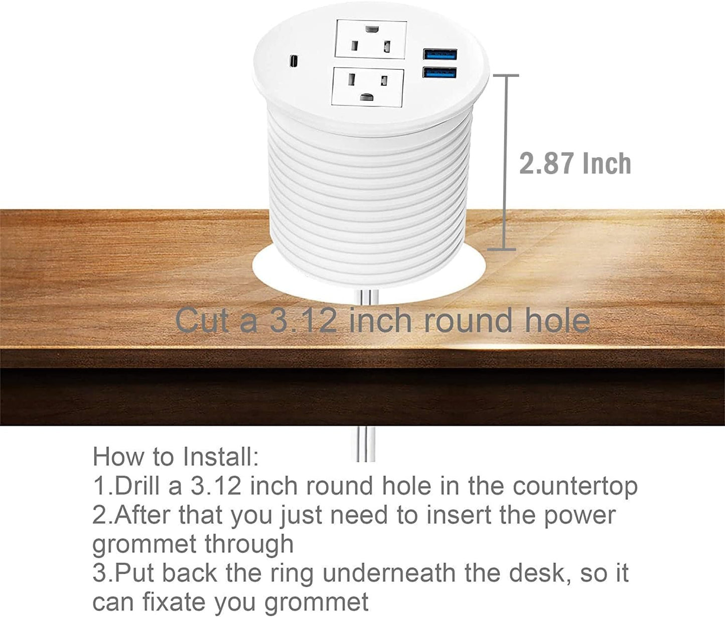 KungFuKing Recessed Power Grommet with USB C | Flush Mount In - Desk Outlet with 2 AC & 3 USB Ports, a high - quality from 1Nook