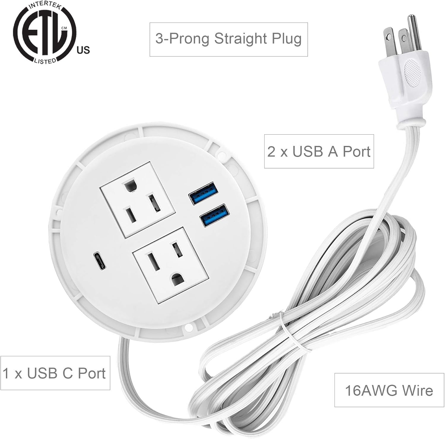 KungFuKing Recessed Power Grommet with USB C | Flush Mount In - Desk Outlet with 2 AC & 3 USB Ports, a high - quality from 1Nook