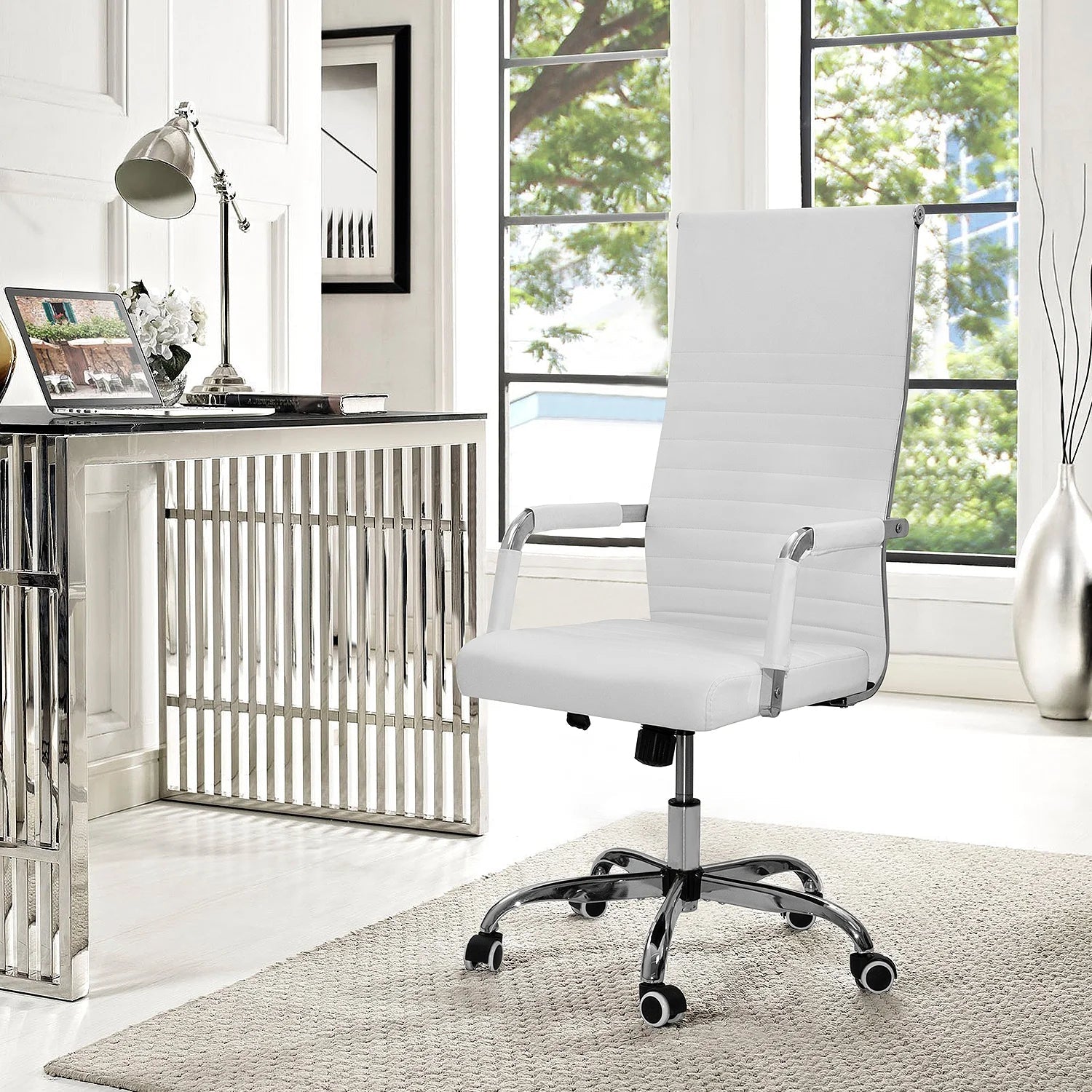 Lacoo High - Back Executive Office Chair | Ribbed Faux Leather Ergonomic Desk Chair with Lumbar Support (White), a high - quality from 1Nook
