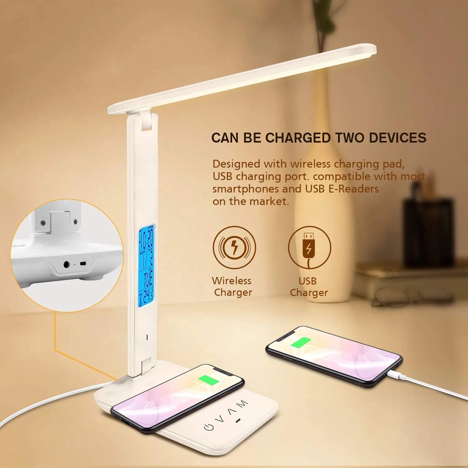 LED Desk Lamp with Wireless Charger, USB Port & LCD Display | 5 - in - 1 Dimmable Office Table Lamp with Clock & Alarm, a high - quality from 1Nook