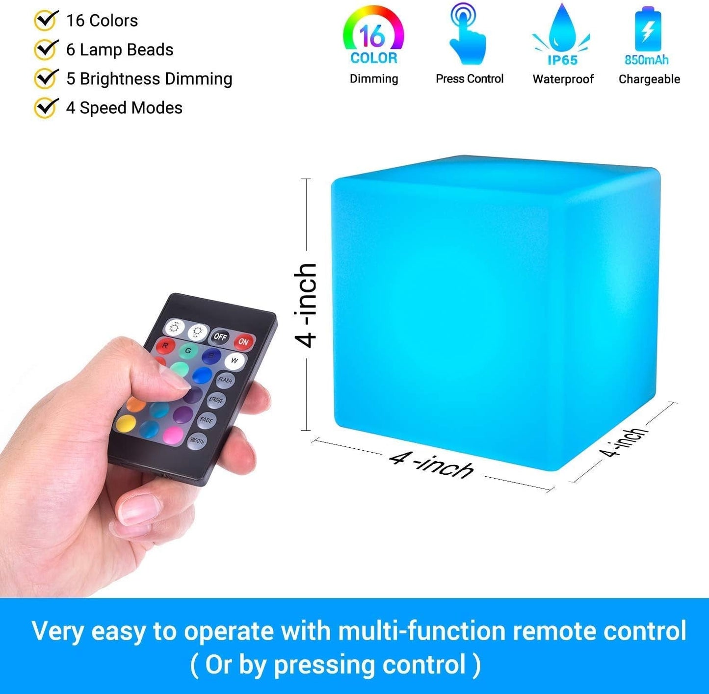 LOFTEK 4 - Inch Rechargeable LED Cube Light | Waterproof RGB Mood Lamp with Remote for Kids, Pools & Parties, a high - quality from 1Nook