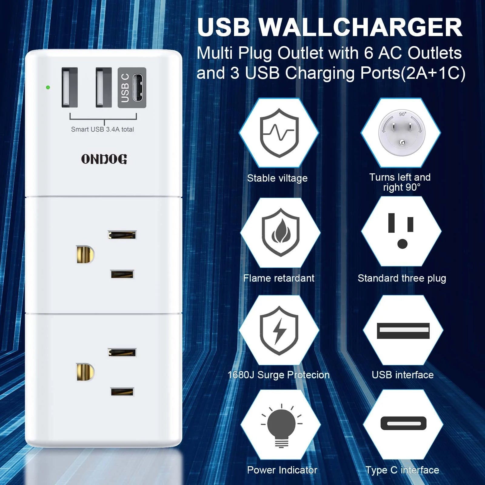 ONDOG Rotating Surge Protector Outlet Extender | 6 AC Outlets & 3 USB Ports (1 USB - C) Wall Charger, a high - quality from 1Nook