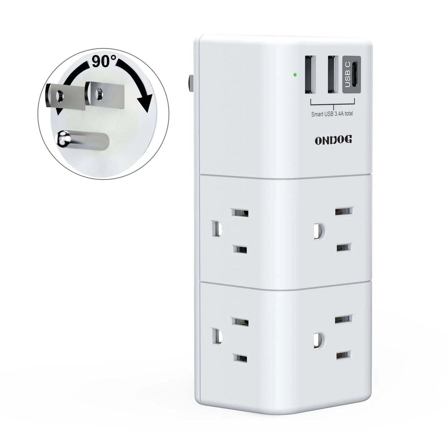 ONDOG Rotating Surge Protector Outlet Extender | 6 AC Outlets & 3 USB Ports (1 USB - C) Wall Charger, a high - quality from 1Nook
