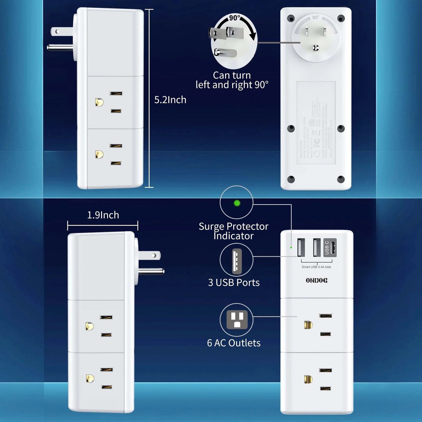 ONDOG Rotating Surge Protector Outlet Extender | 6 AC Outlets & 3 USB Ports (1 USB - C) Wall Charger, a high - quality from 1Nook