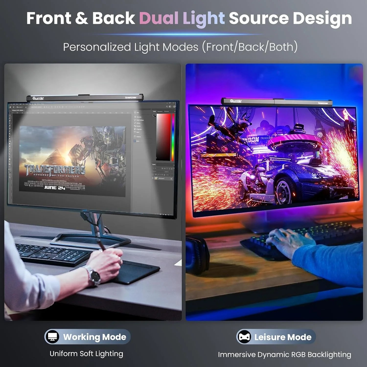 Quntis RGB Monitor Light Bar with Backlight | Dual Source Gaming & Office Desk Lamp for Eye Care, a high - quality from 1Nook
