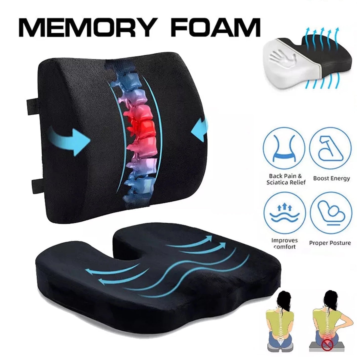Seat Cushion and Lumbar Support Pillow Set | Ergonomic Memory Foam for Office Chair Back Pain Relief, a high - quality from 1Nook