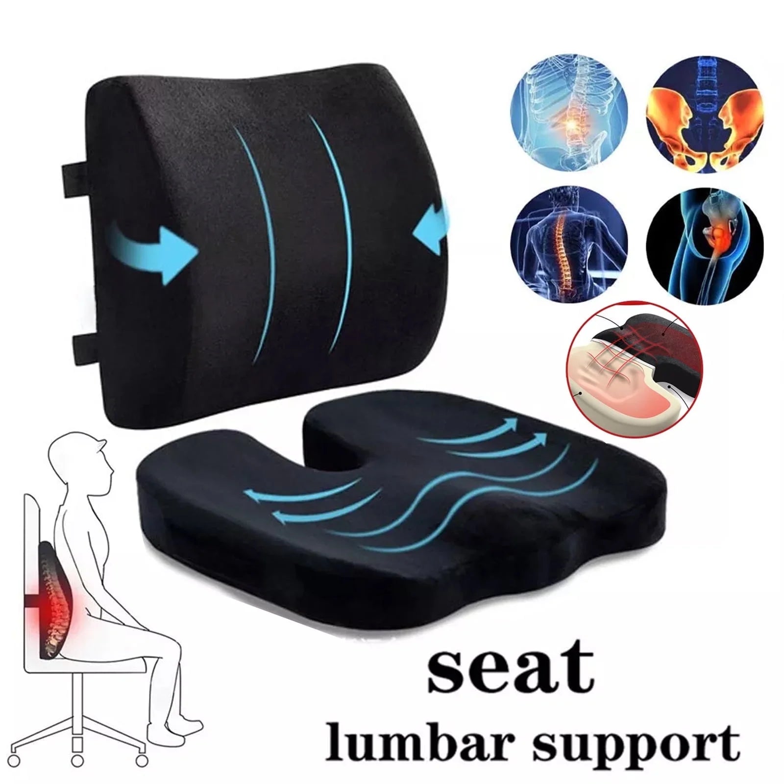 Seat Cushion and Lumbar Support Pillow Set | Ergonomic Memory Foam for Office Chair Back Pain Relief, a high - quality from 1Nook