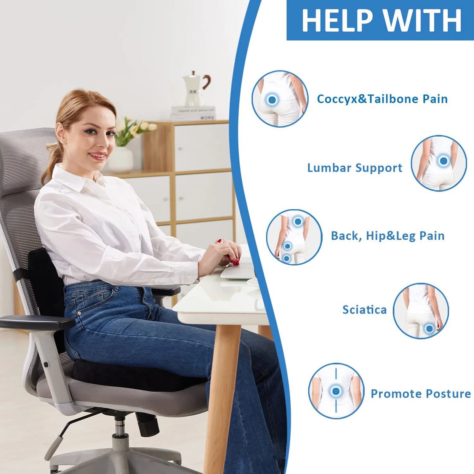Seat Cushion and Lumbar Support Pillow Set | Ergonomic Memory Foam for Office Chair Back Pain Relief, a high - quality from 1Nook