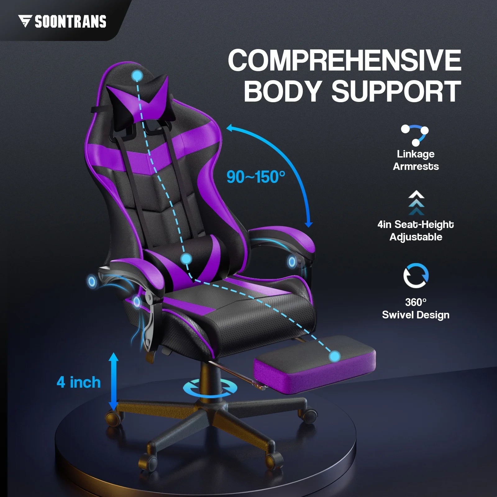 Soontrans Ergonomic Gaming Chair with Footrest & Massage Lumbar Pillow | High - Back Swivel Desk Chair (Purple), a high - quality from 1Nook