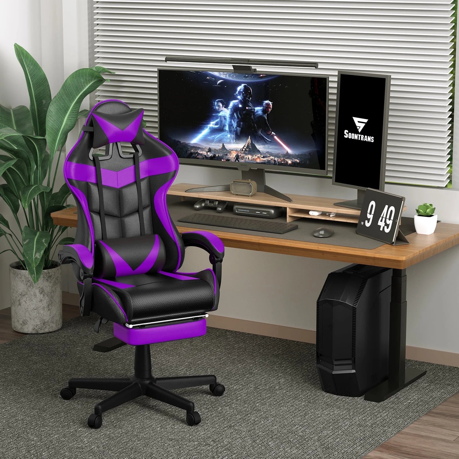 Soontrans Ergonomic Gaming Chair with Footrest & Massage Lumbar Pillow | High - Back Swivel Desk Chair (Purple), a high - quality from 1Nook