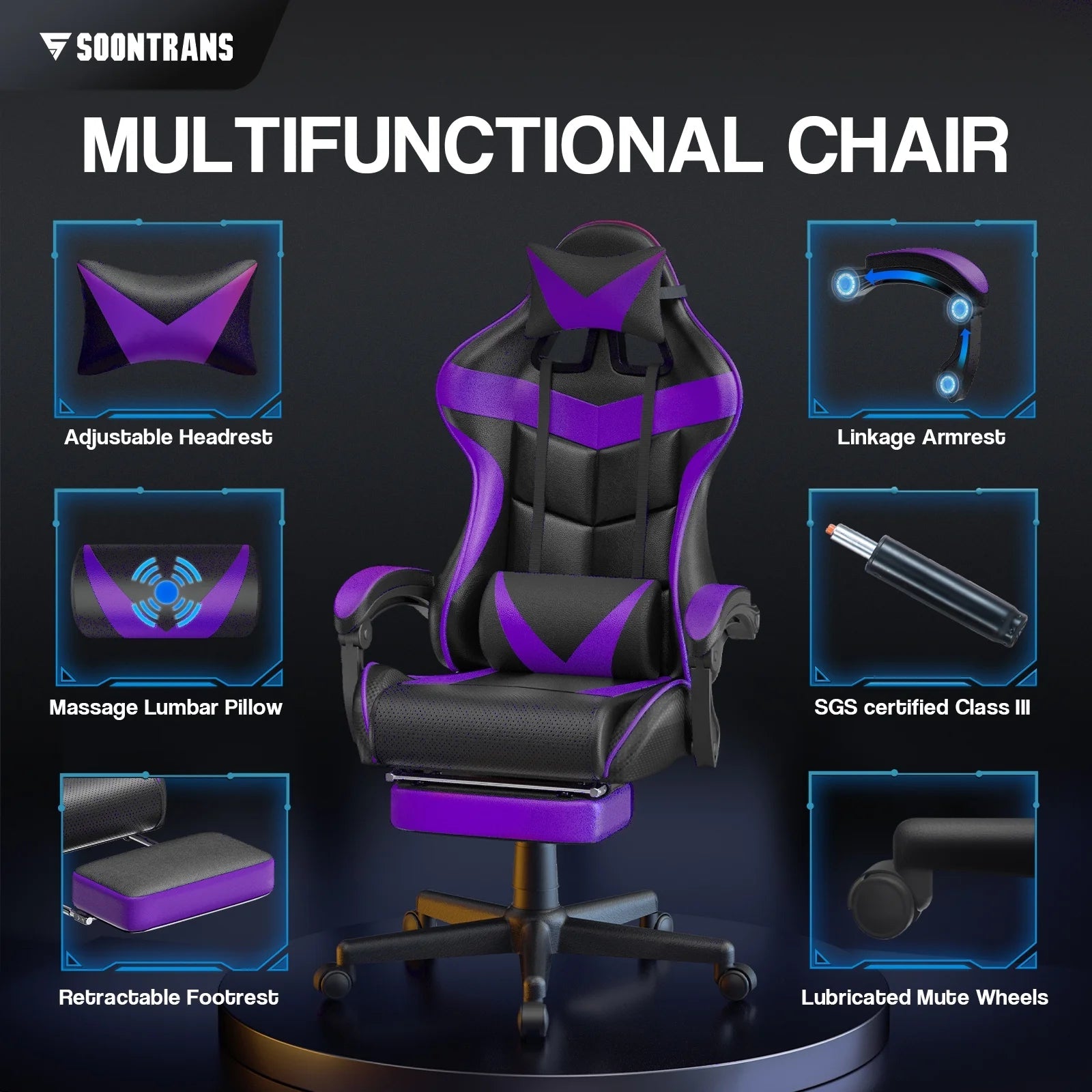 Soontrans Ergonomic Gaming Chair with Footrest & Massage Lumbar Pillow | High - Back Swivel Desk Chair (Purple), a high - quality from 1Nook