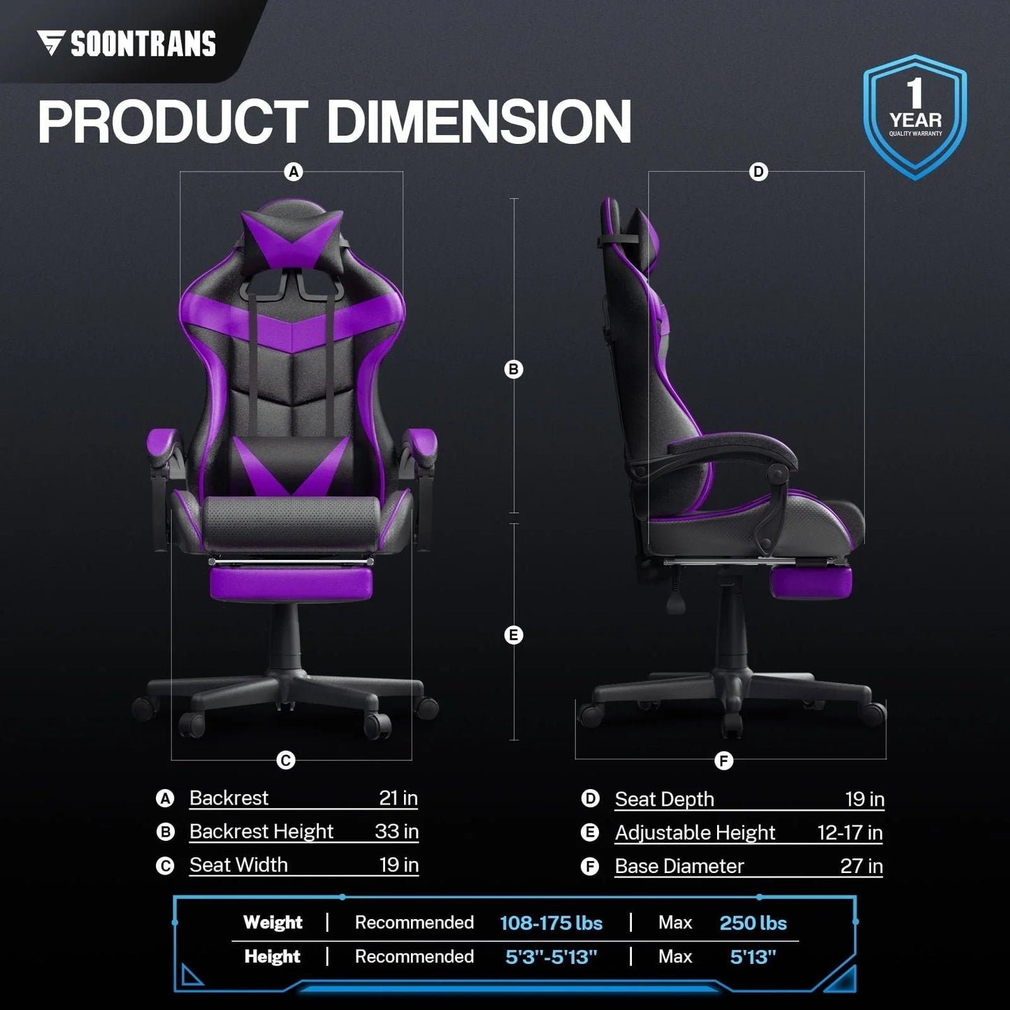 Soontrans Ergonomic Gaming Chair with Footrest & Massage Lumbar Pillow | High - Back Swivel Desk Chair (Purple), a high - quality from 1Nook