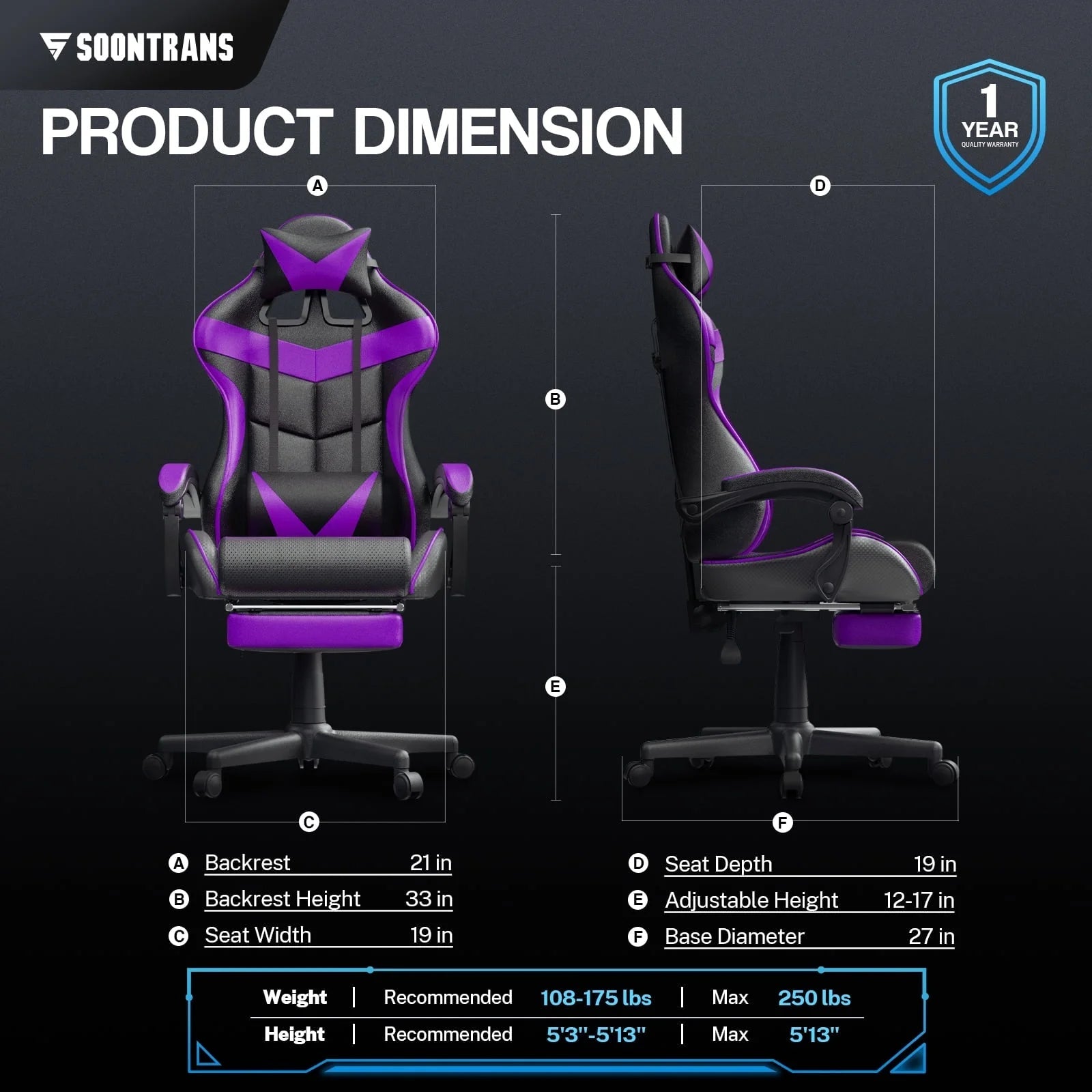 Soontrans Ergonomic Gaming Chair with Footrest & Massage Lumbar Pillow | High - Back Swivel Desk Chair (Purple), a high - quality from 1Nook