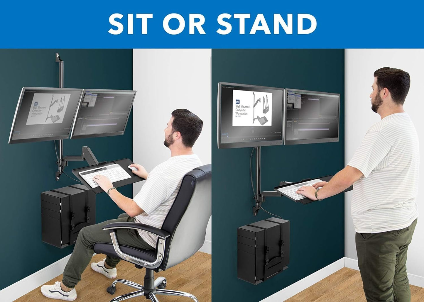 Wall - Mounted Floating Desk & Dual Monitor Workstation, Height Adjustable Full Motion Arms, Fits Two 32 Inch Computer Screens, a high - quality from 1Nook