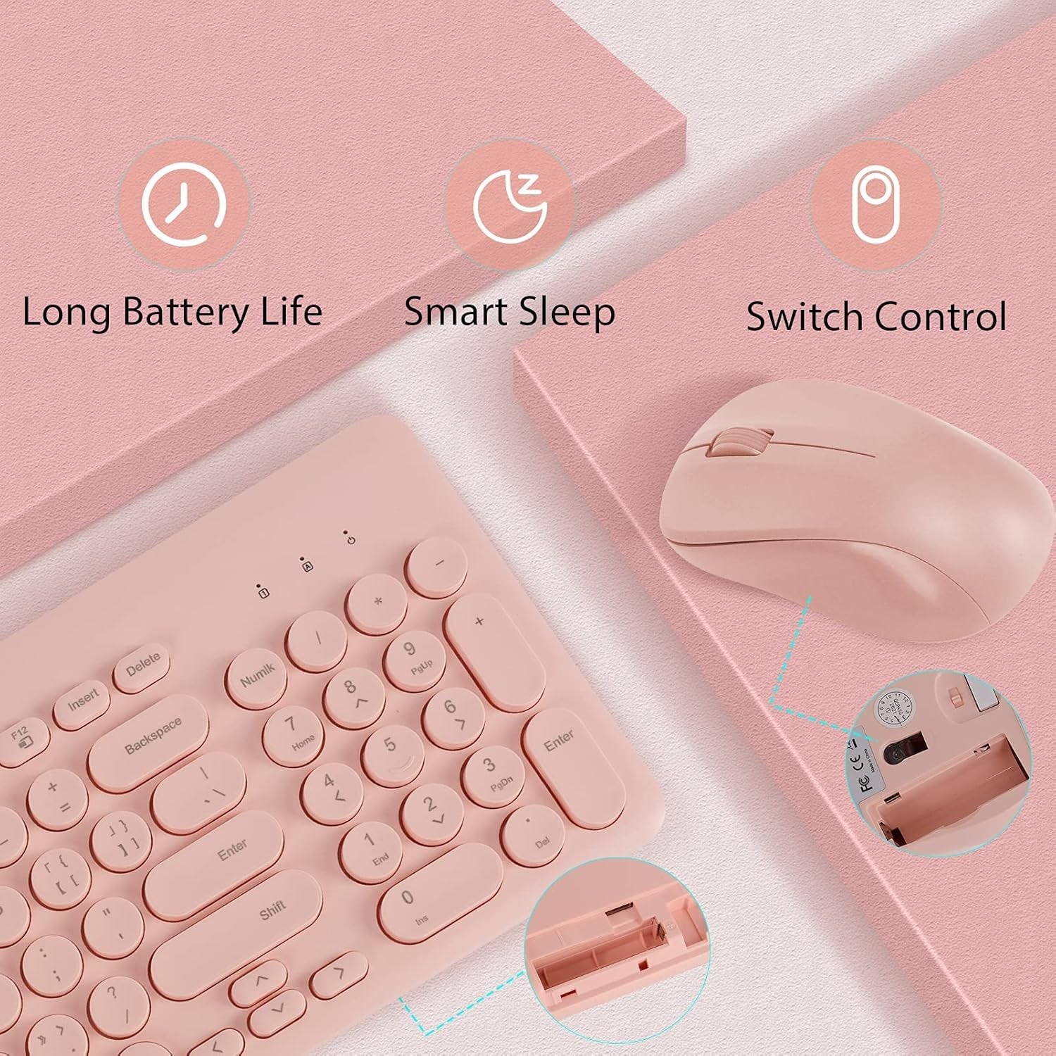 Wireless Keyboard & Mouse Combo | Pastel Pink 2.4G USB Ergonomic Full - Sized, a high - quality from 1Nook