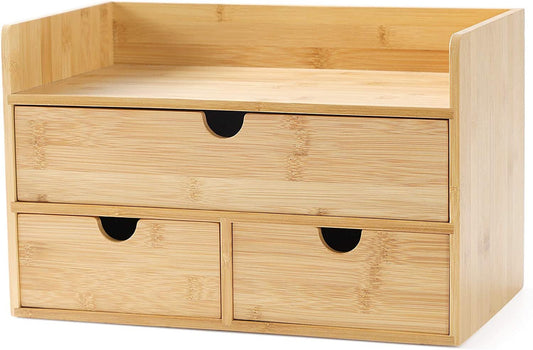 Bamboo Desk Organizer with 3 Drawers and Shelf | Wooden Desktop Storage Box for Home Office Supplies, a high - quality from 1Nook