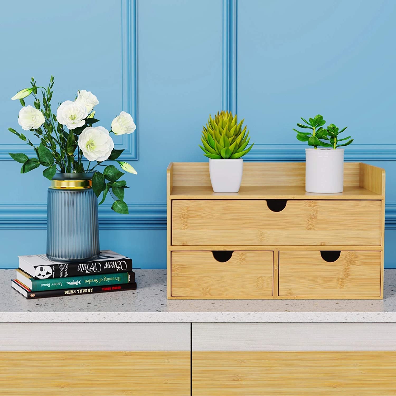 Bamboo Desk Organizer with 3 Drawers and Shelf | Wooden Desktop Storage Box for Home Office Supplies, a high - quality from 1Nook