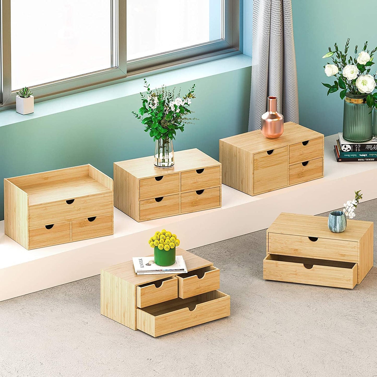 Bamboo Desk Organizer with 3 Drawers and Shelf | Wooden Desktop Storage Box for Home Office Supplies, a high - quality from 1Nook