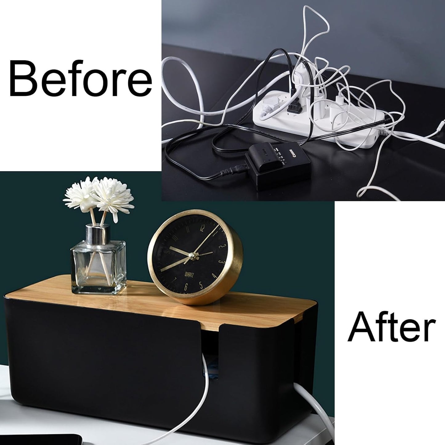 Cable Management Box with Bamboo Lid | Small Cord Hider & Organizer for Extension Cord and Surge Protector (Black), a high - quality from 1Nook