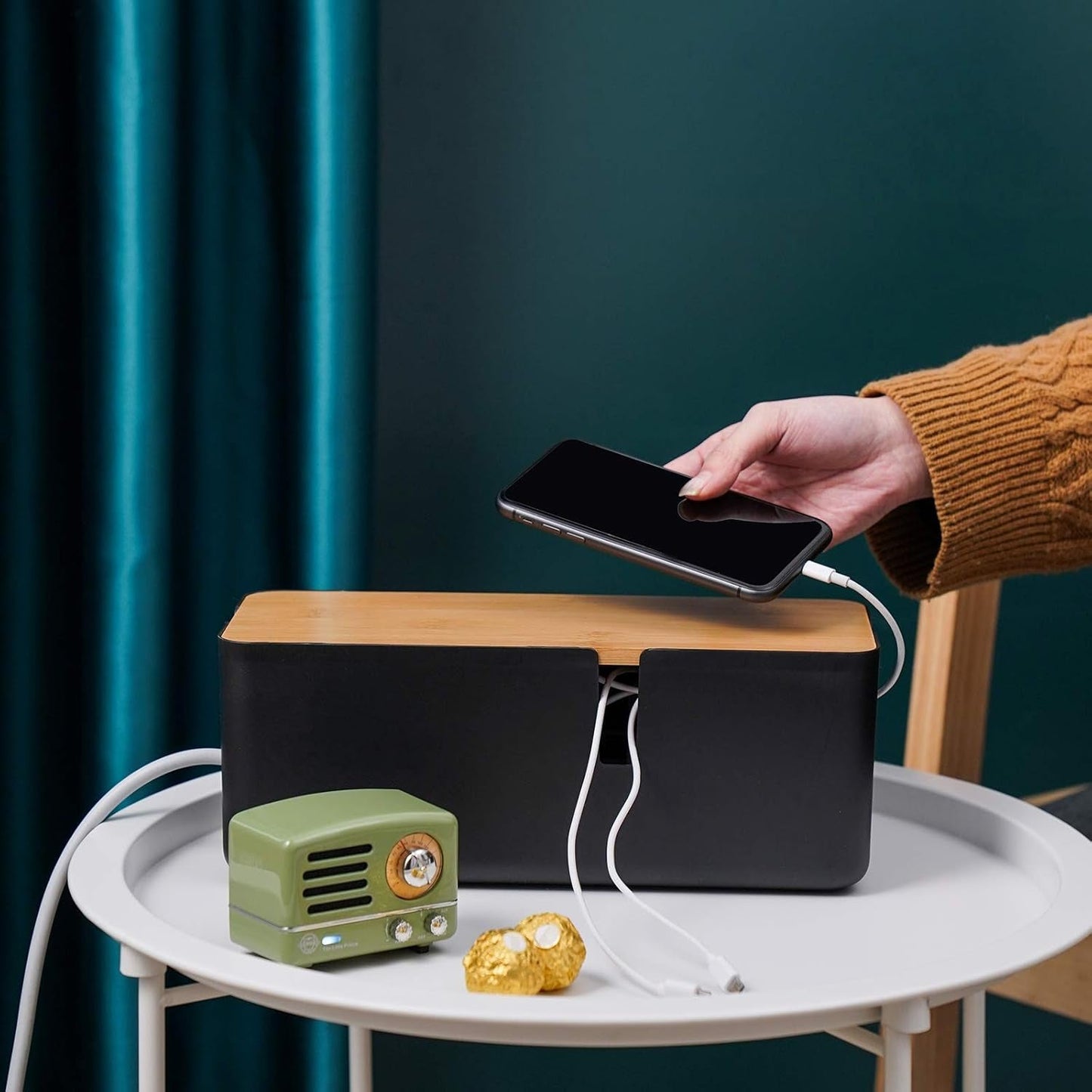 Cable Management Box with Bamboo Lid | Small Cord Hider & Organizer for Extension Cord and Surge Protector (Black), a high - quality from 1Nook