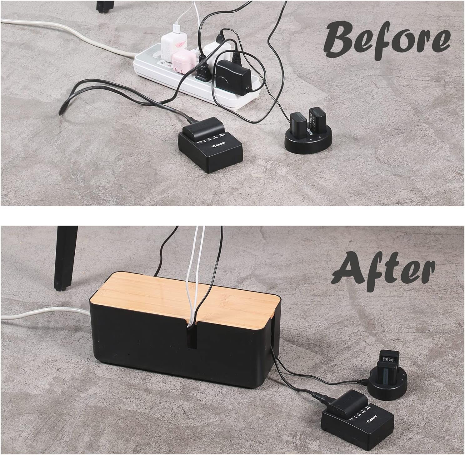Cable Management Box with Bamboo Lid | Small Cord Hider & Organizer for Extension Cord and Surge Protector (Black), a high - quality from 1Nook