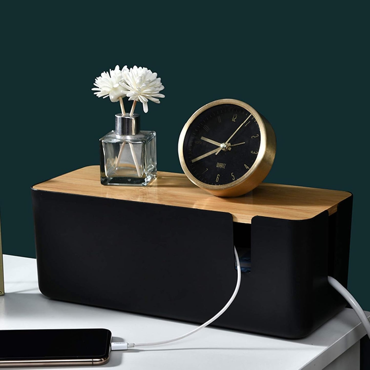 Cable Management Box with Bamboo Lid | Small Cord Hider & Organizer for Extension Cord and Surge Protector (Black), a high - quality from 1Nook