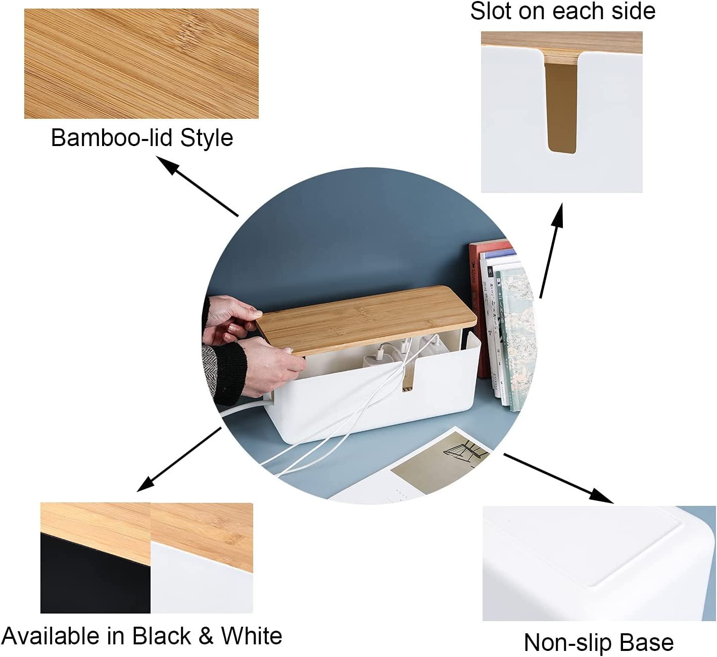 Cable Management Box with Bamboo Lid | Small Cord Hider & Organizer for Extension Cord and Surge Protector (Black), a high - quality from 1Nook