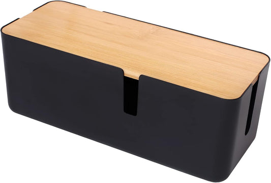 Cable Management Box with Bamboo Lid | Small Cord Hider & Organizer for Extension Cord and Surge Protector (Black), a high - quality from 1Nook