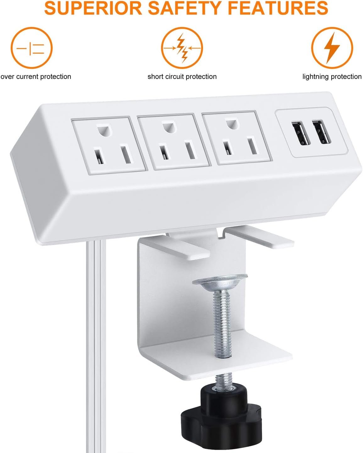 CCCEI Desk Clamp Power Strip with 3 Outlets & 2 USB Ports | Edge Mount Surge Protector with 6ft Cord (1200J), a high - quality from 1Nook