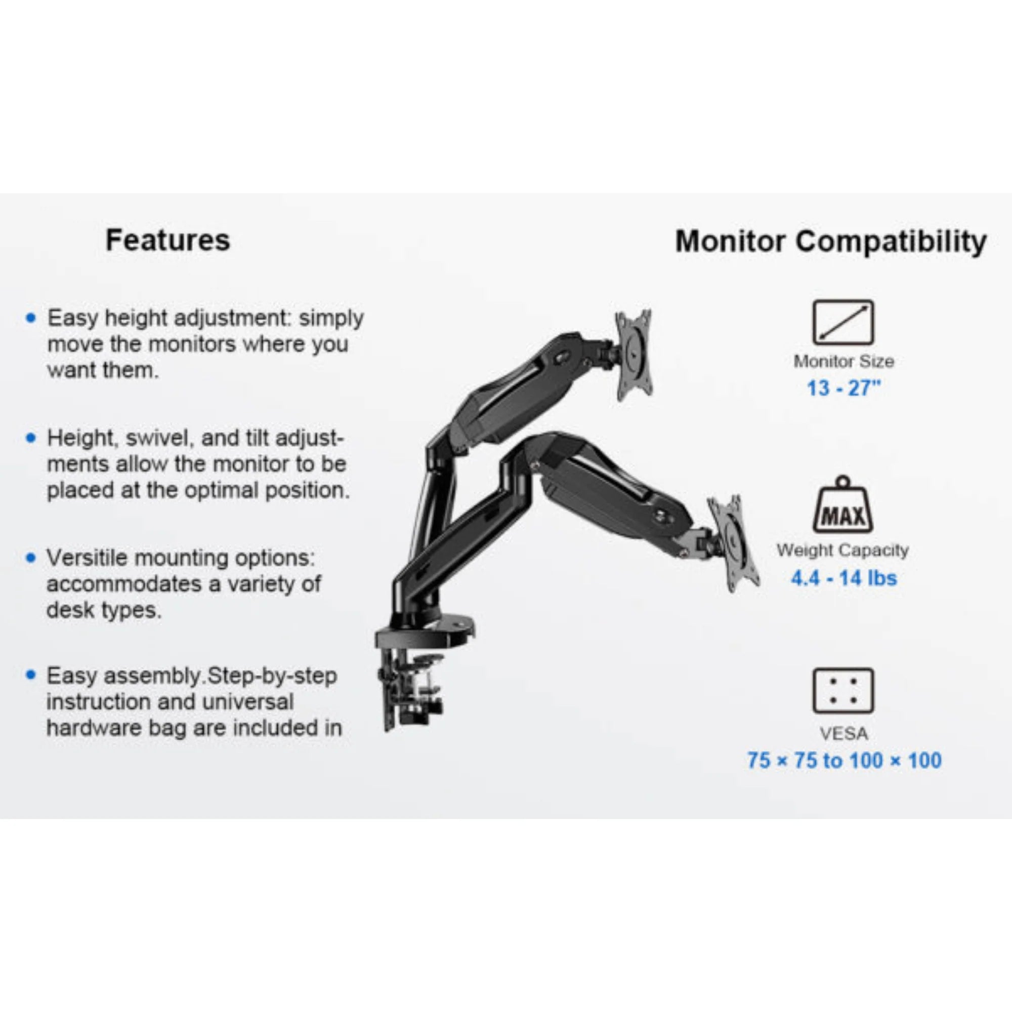 ErgoAV Gas Spring Desk Mount for Dual Monitors 13" to 27", a high - quality from 1Nook