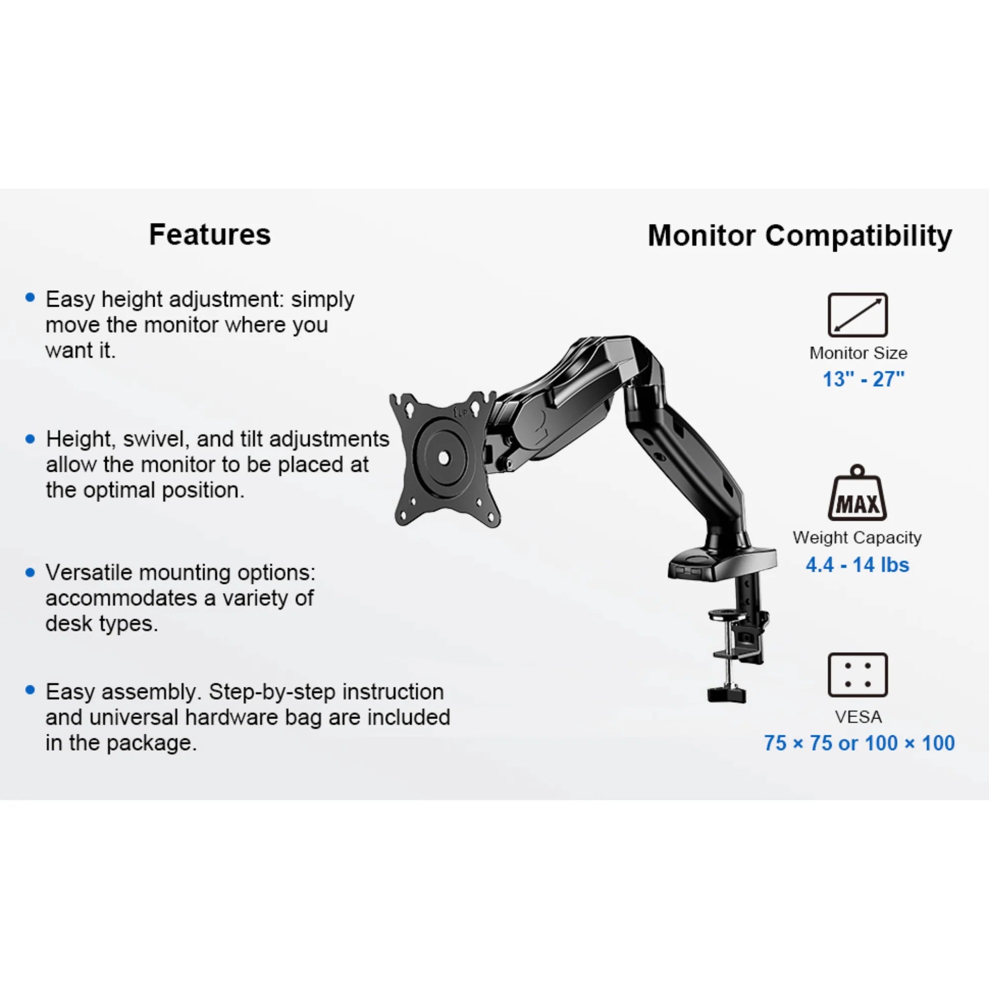 ErgoAV Gas Spring Desk Mount for Single Monitors 13" to 27", a high - quality from 1Nook